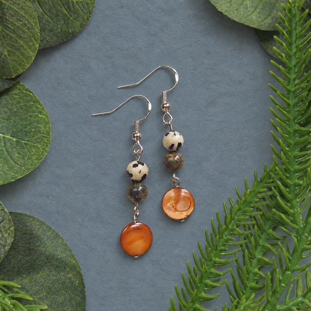Dalmatian Jasper & Mother of Pearl Drop Earrings, Silver Dangle